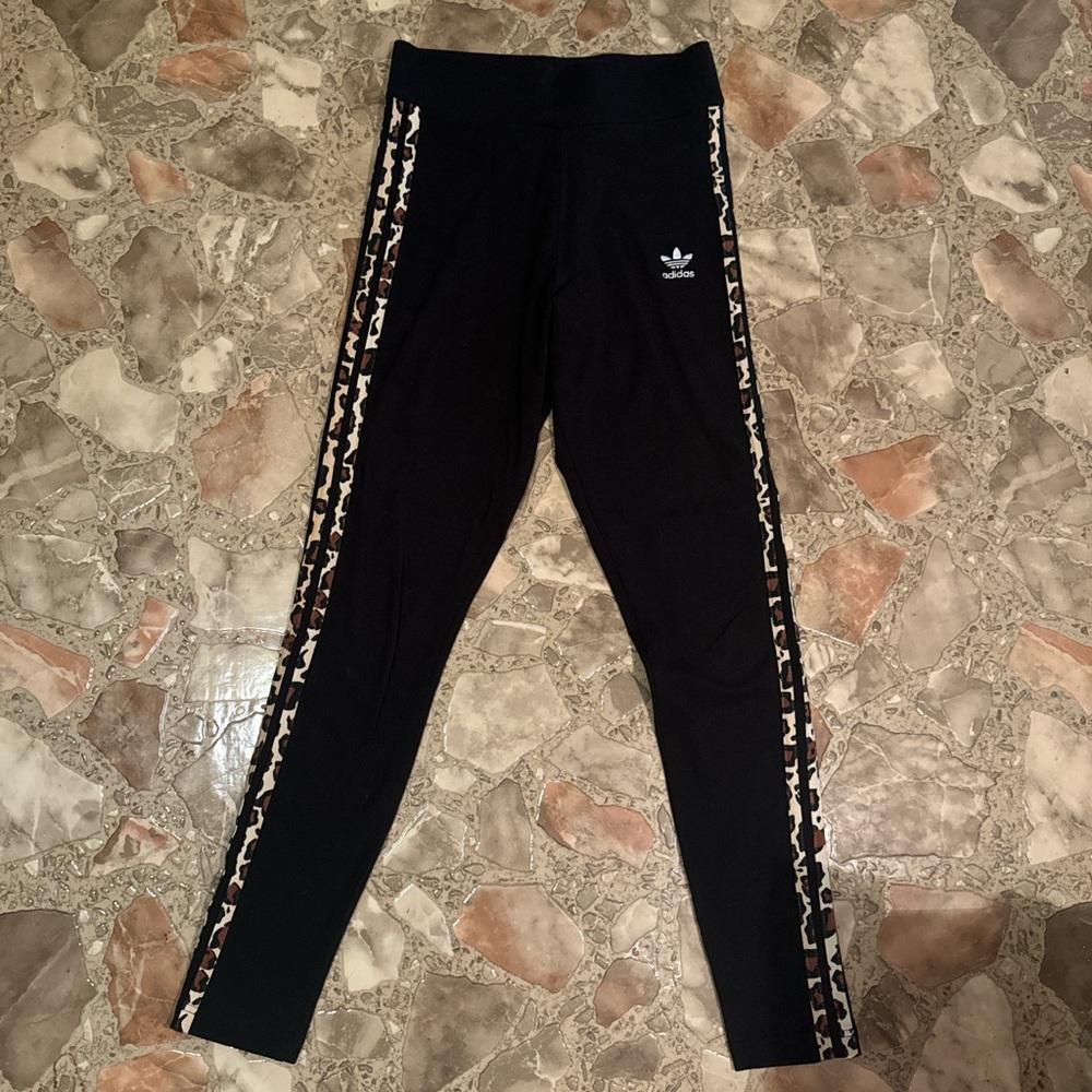 Adidas Black Leggings with Trefoil Logo and Leopard Print Side Stripes